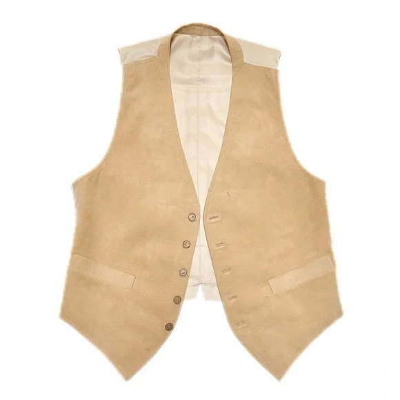 Vintage 70s Tan Suede Satin Button-Up Vest Slim Fit Suit Tuxedo Disco Formalwear